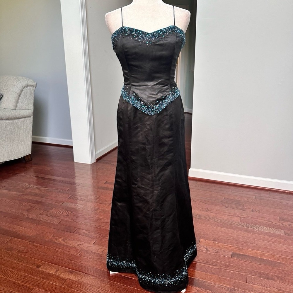 Vintage Y2K Mystique Black Blue Beaded Embellished Gown Formal‎ Dress